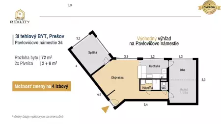 TEHLOVÝ 3 až 4i byt 72 m² v centre Prešova s dispozíciou RD - 10